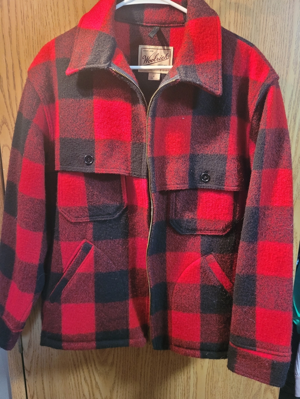 Woolrich Red & Black Buffalo Plaid Zip-Front Wool Coat Mens Medium